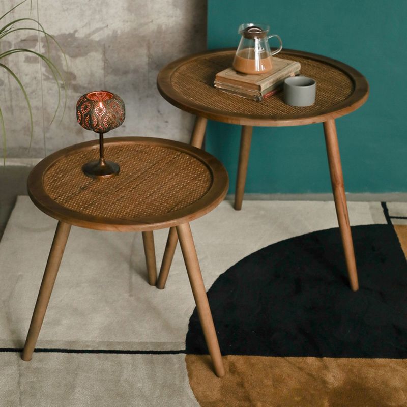 Modern Round Side Table 3 Legs End Table with Rattan Accents