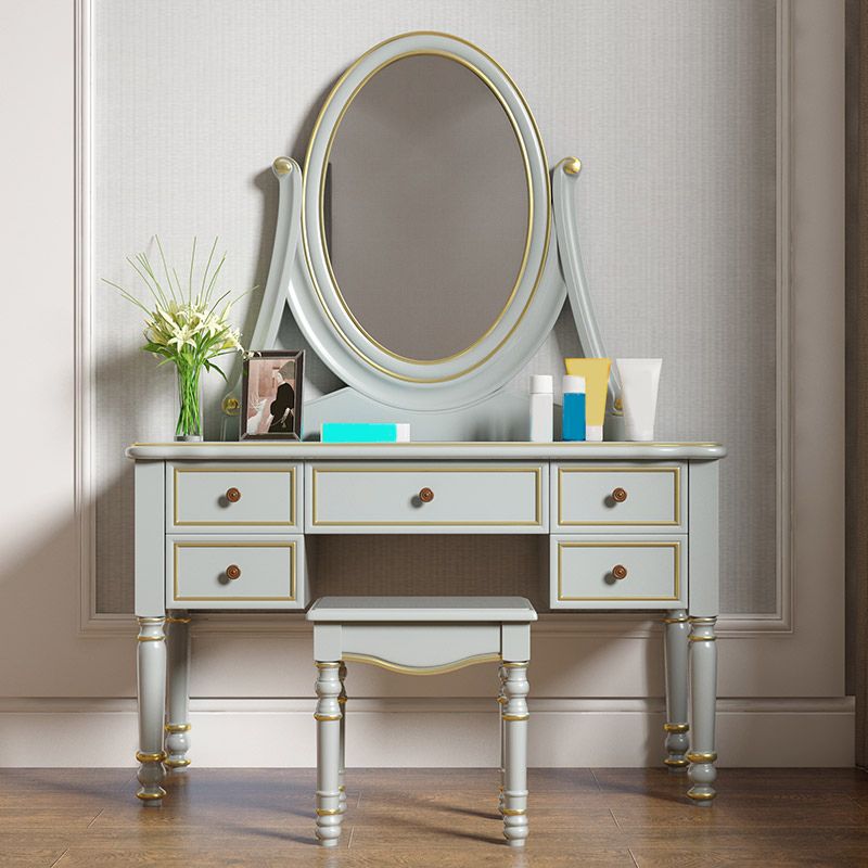 Mirror Desk Furniture 2 Drawer Blue Vanity with Padded Stool
