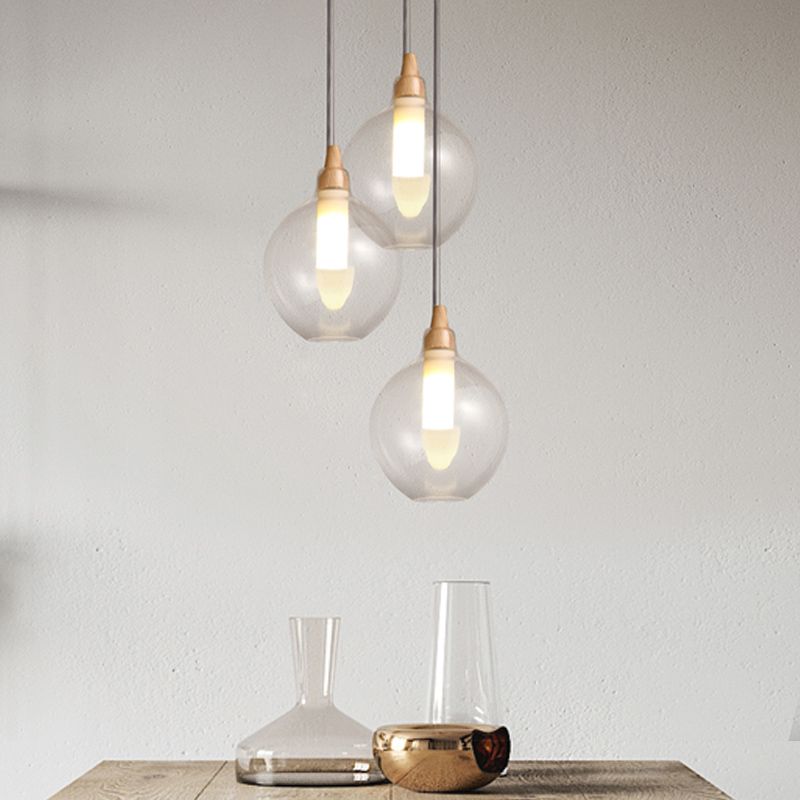 Clear Glass Dual Shade Globe Drop Pendant Simplicity 1-Light Hanging Ceiling Light with Wood Seal