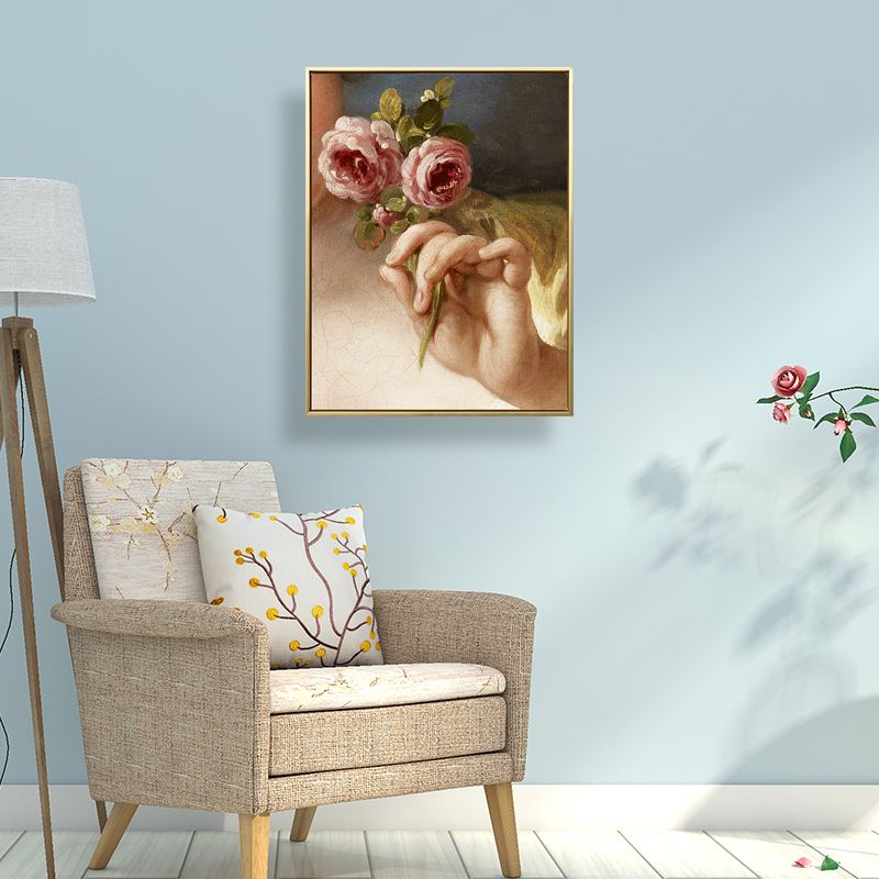 Canvas Print Textured Painting Nostalgic Hand Holding Rose Wall Art Decor in Yellow