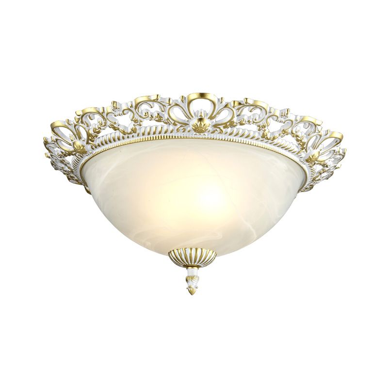 2/3-Light Opal Frosted Glass Flushmount Countryside Brass/White Floral-Trim Dome Hallway Ceiling Lamp, 11"/19.5" Wide