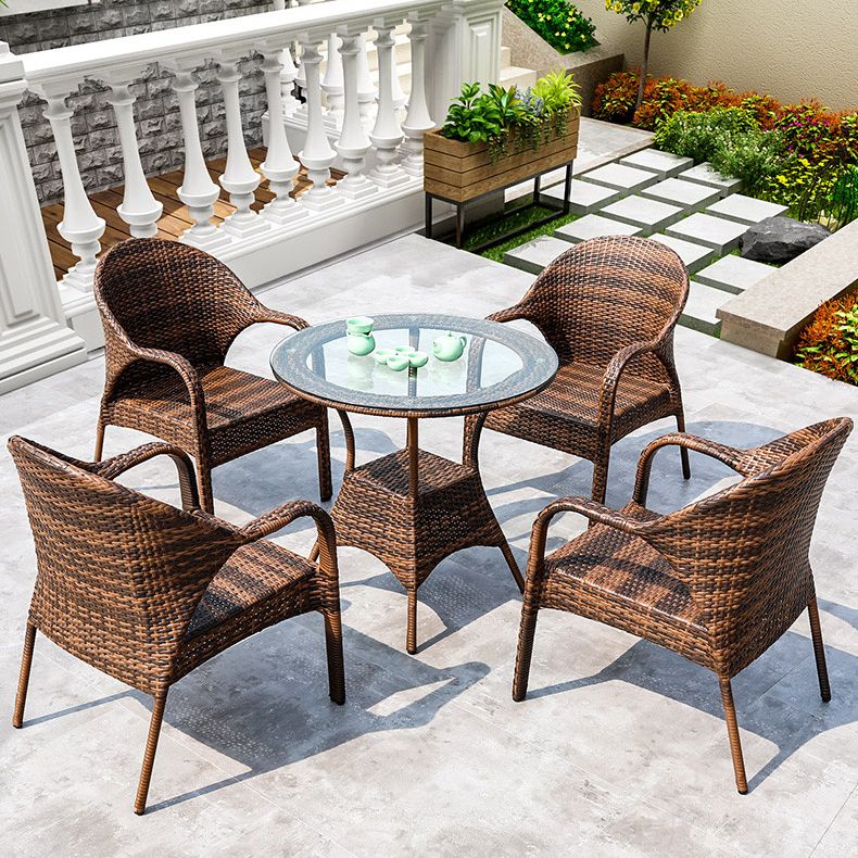 Modern Tempered Glass Outdoor Table Set 1/5 Pieces Dining Table with Rat Base