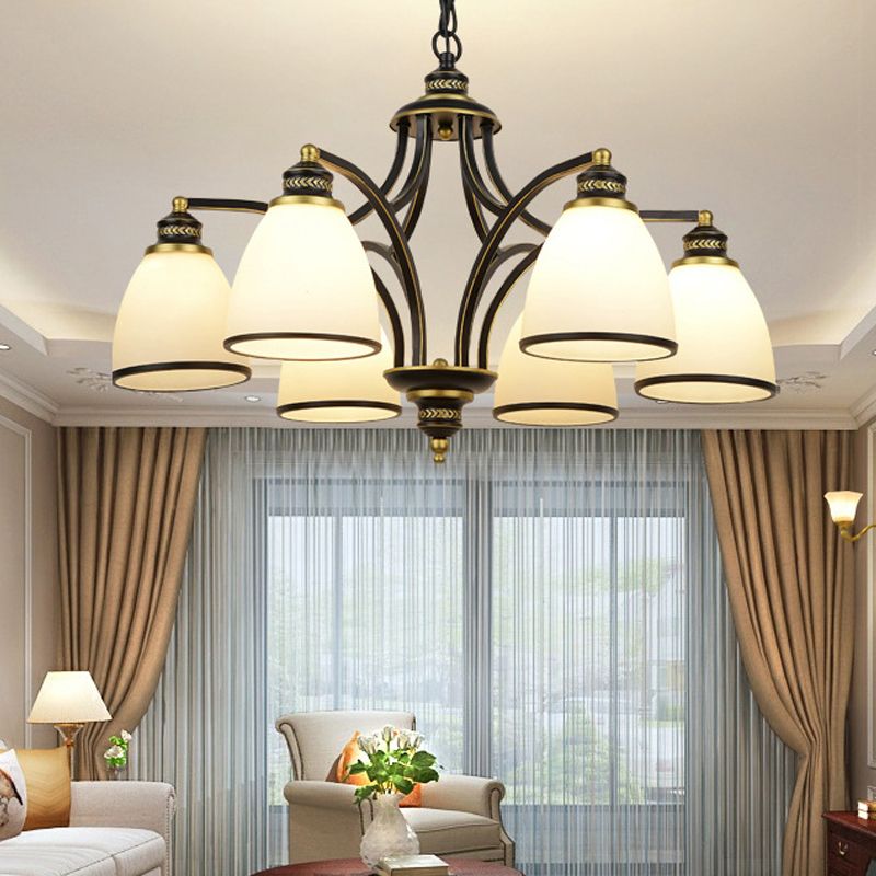 American Metal Chandelier Branch Black Pendant Lamps with White Glass for Living Room
