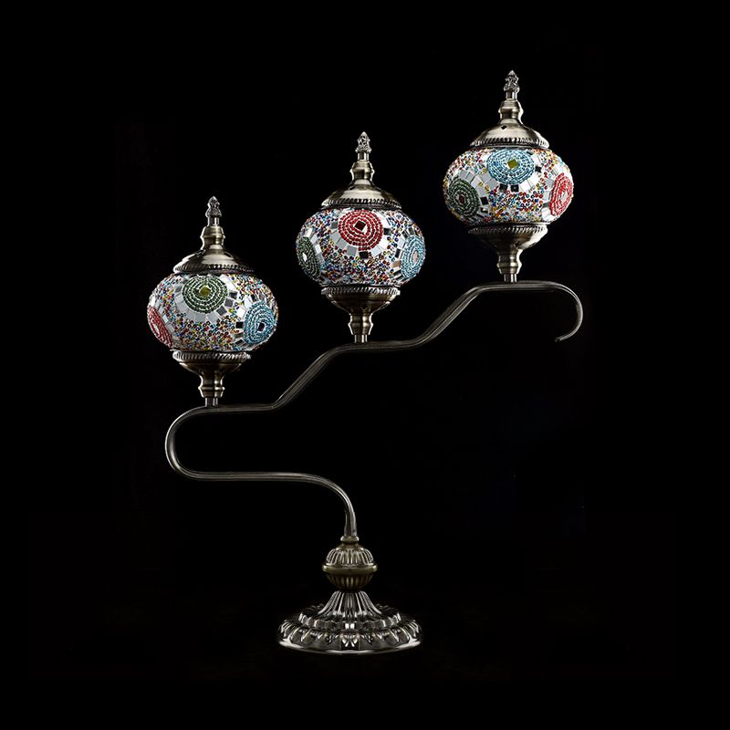 3 Heads Stained Glass Night Light Mediterranean Red/Orange/Blue Tower Bedroom Table Lamp with Step Design