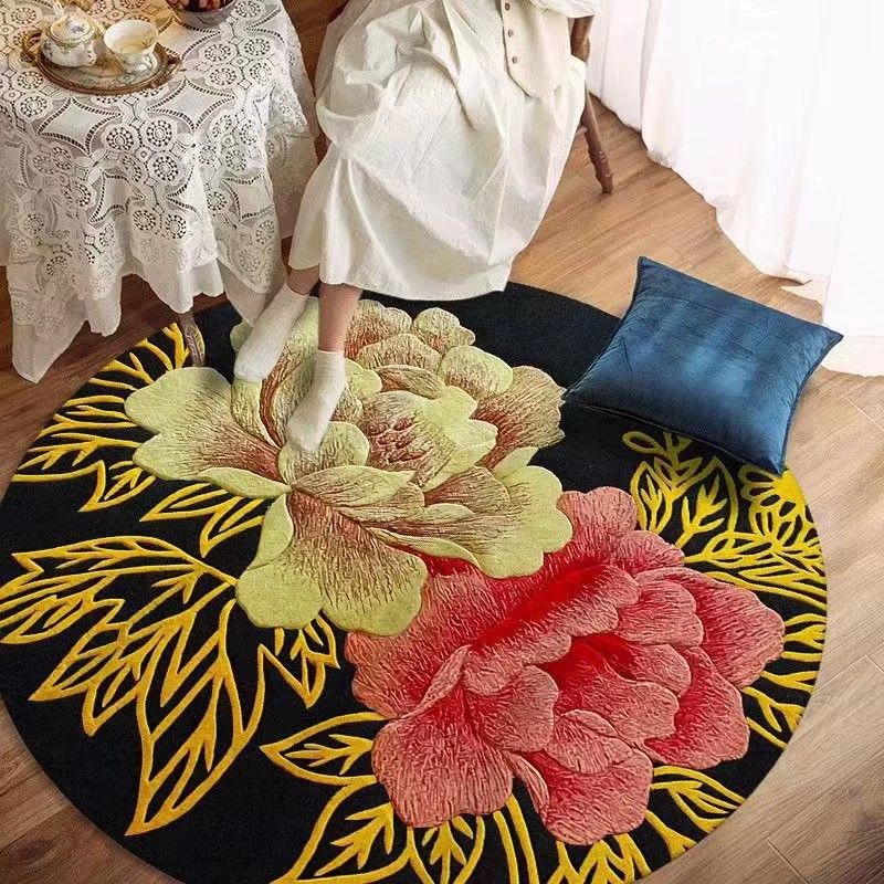 Round Floral Print Rug Casual Polyester Carpet Stain Resistant Area Carpet for Living Room