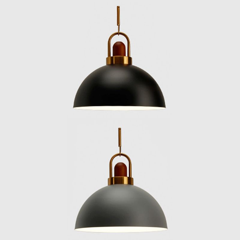 Metal Hemispherical Hanging Light Nordic Style 1 Light Restaurant Ceiling Pendant Lamp with Wooden Top