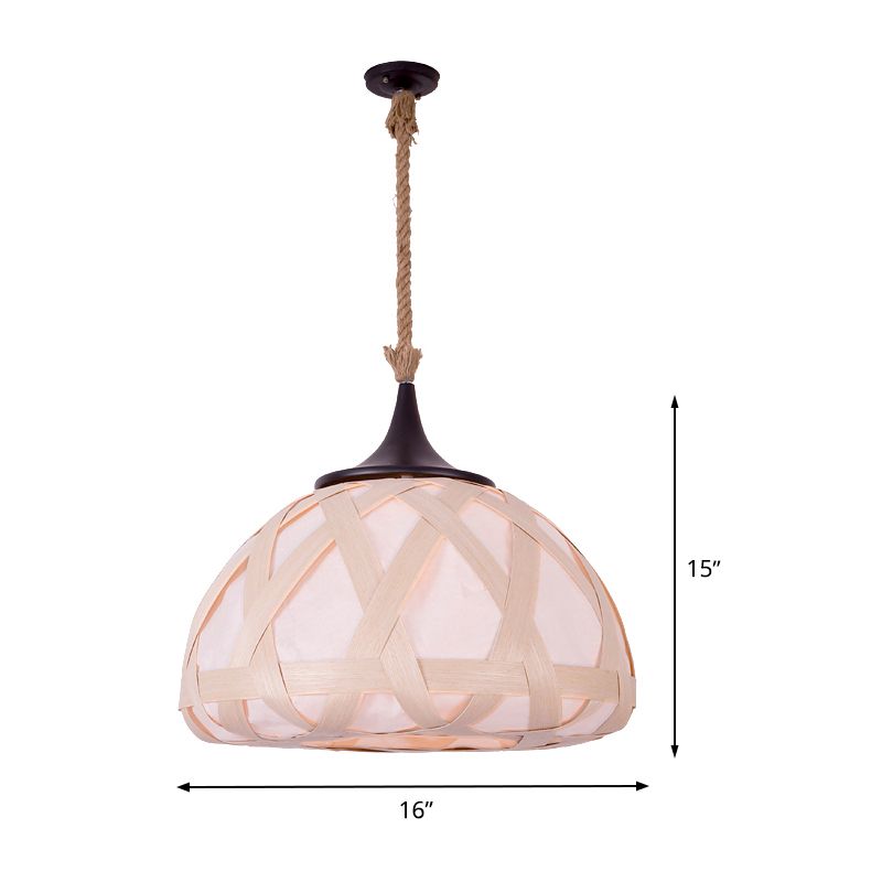Hemisphere Pendant Light Japanese Wood 1 Bulb Suspended Lighting Fixture in Beige