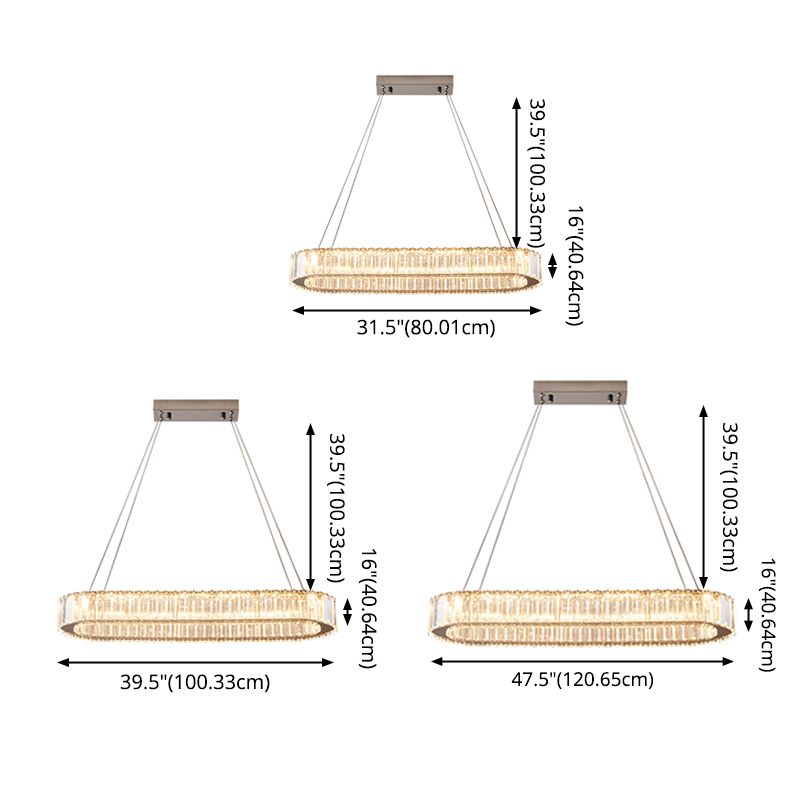 Luz de la isla LED cromada ovalada en la moderna lámpara colgante de acero inoxidable de estilo de lujo con sombra de cristal