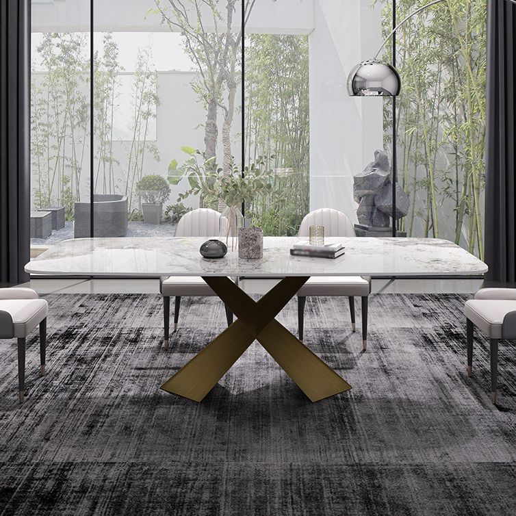 Sintered Stone Top Dining Table for Restaurant Luxury Rectangle Table with Metal Pedestal