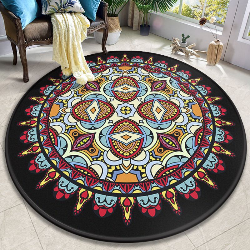 Colorful Mandala Rug Polyester Turkish Indoor Rug Anti-Slip Backing Machine Washable Pet Friendly Carpet for Sitting Room