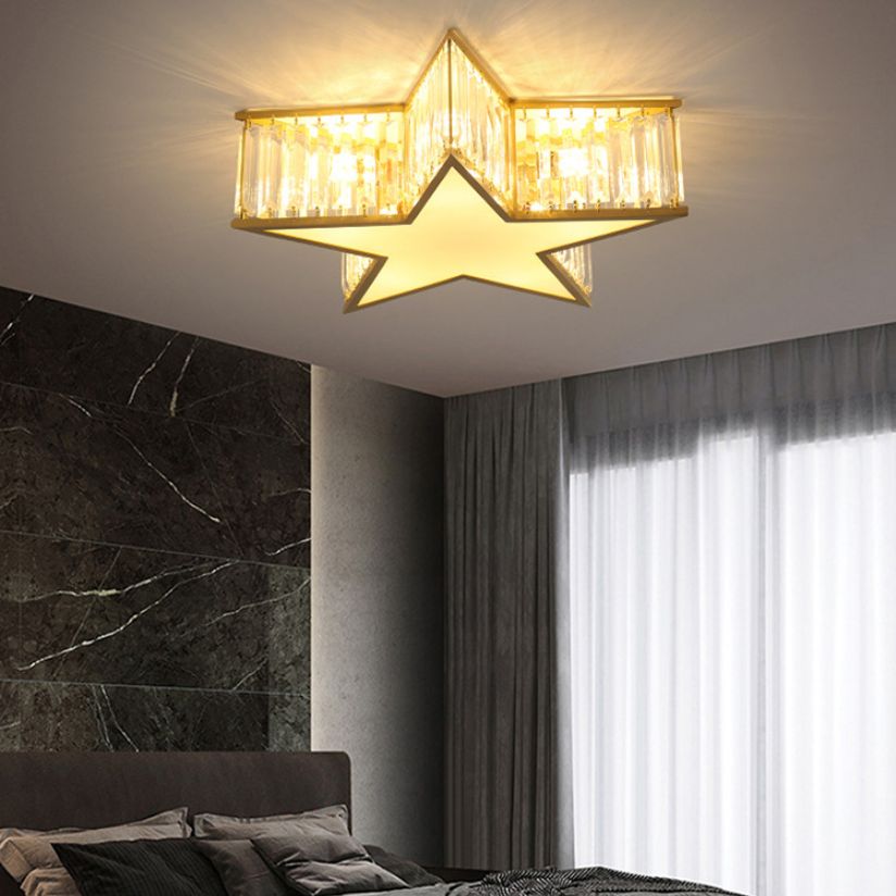 Lustre en cuivre et or style colonial Vintage Crystal Star 4 lumières encastré chambre à coucher