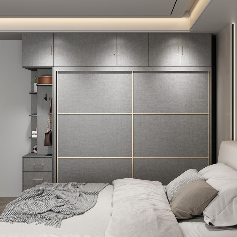 Contemporary Style Gray Colour Wardrobe Wooden Cloth Rod Included Wardrobe Closet