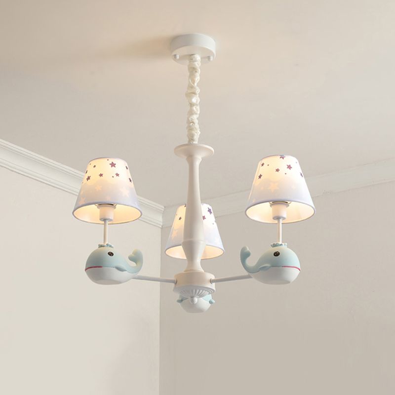 Star Patterned Fabric Chandelier Pendant Light Childrens Light Blue Hanging Light with Resin Dolphin