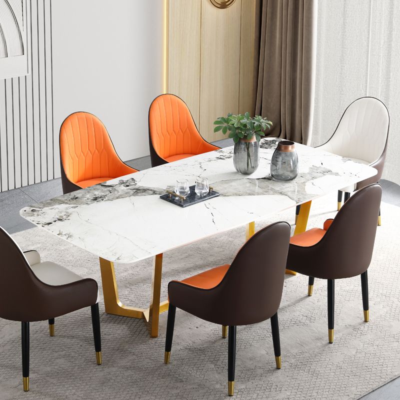 Rectangle Traditional Luxury Dining Table White Sintered Stone Table with Gold Trestle Base