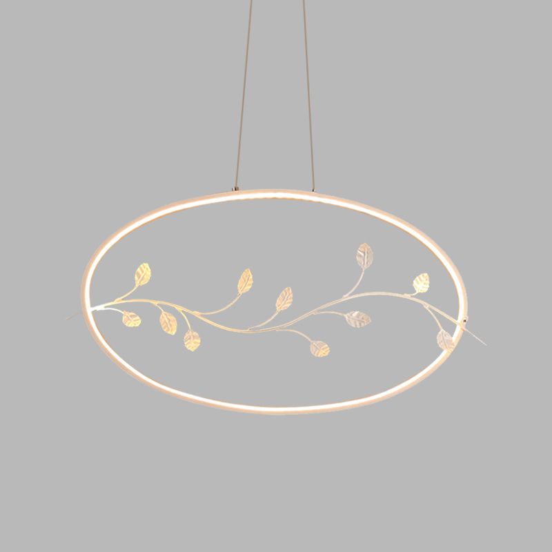Modern Circle Pendant Light Fixture Acrylic Dining Room LED Ceiling Lamp in White with Branch Decor, White/Warm Light