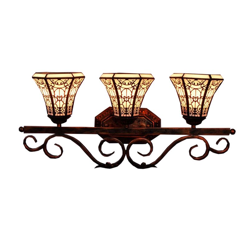 Glass Pattern Bell Sconce Light Study Room 3 Lights Tiffany Antique Wall Light in Beige