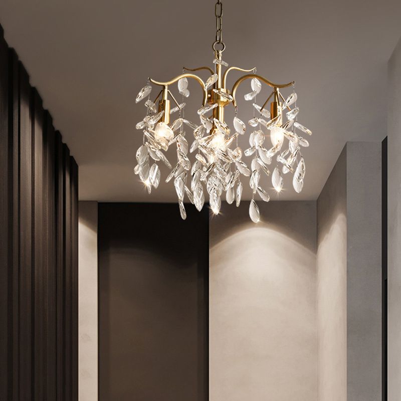 Gold Branches Suspended Lighting Fixture Rustic Crystal Living Room Chandelier Pendant Light