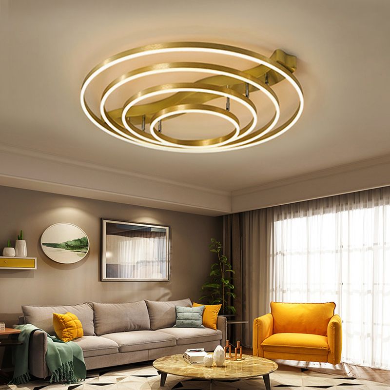 Gold Finish Ring Ceiling Mount Lamp Artistic Metal Adjustable LED Semi Flush Light