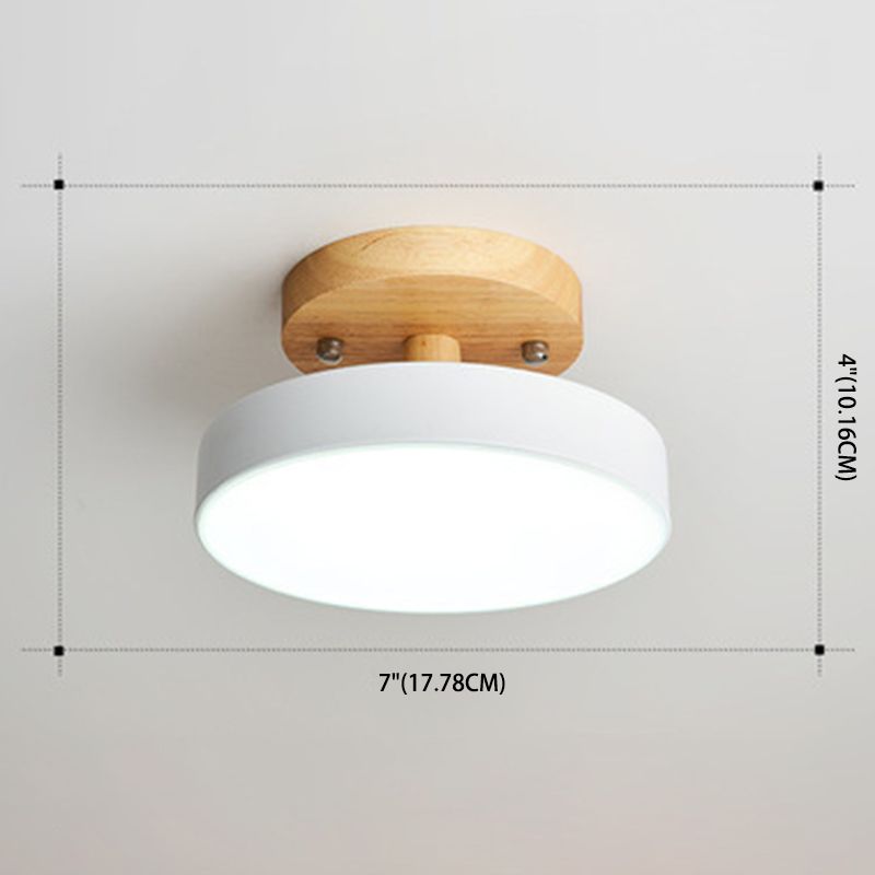 Round Corridor Semi Flush Light Acrylic Macaron Style LED Flush Ceiling Light with Wooden Canopy