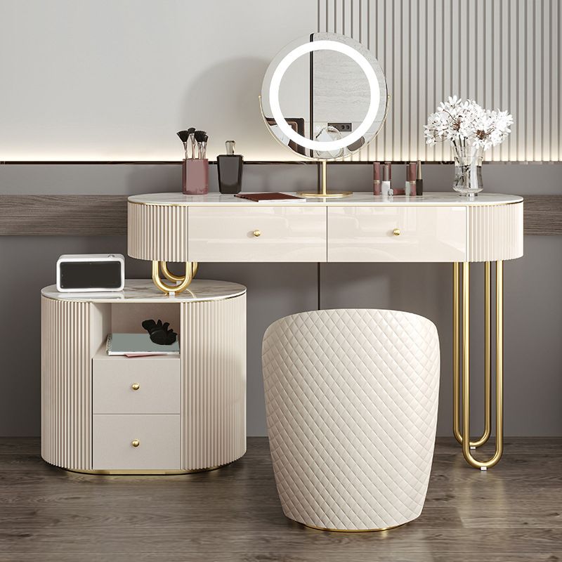 Luxurious Stone Vanity Table with Drawers 30.7" H Makeup Dressing Table Stool Set in Beige