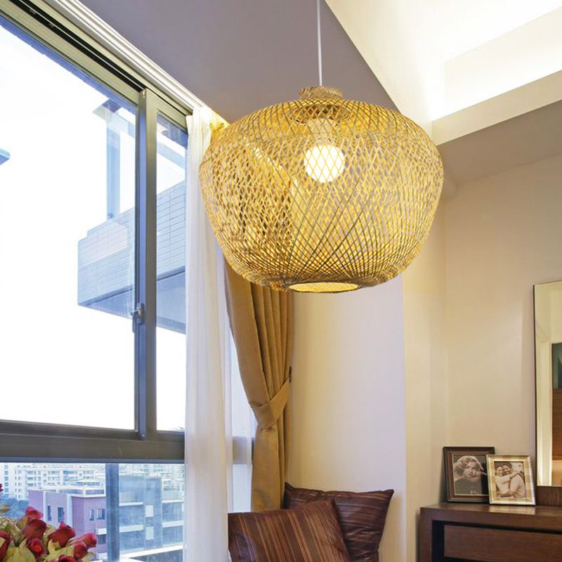 Asia Crock Bamboo Weaving Ceiling Lamp 1 Light Hanging Pendant in Beige for Living Room