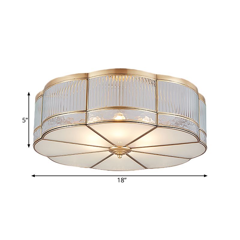 Ribbed Glass Gold Ceiling Flush Clover 3/4 Heads 14"/18" W Colonialist Flush Mount Lamp for Dining Room