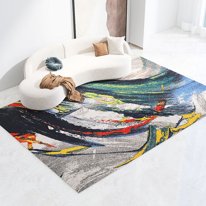 Blue Contemporary Rug Polyester Abstract Print Rug Washable Rug for Drawing Room