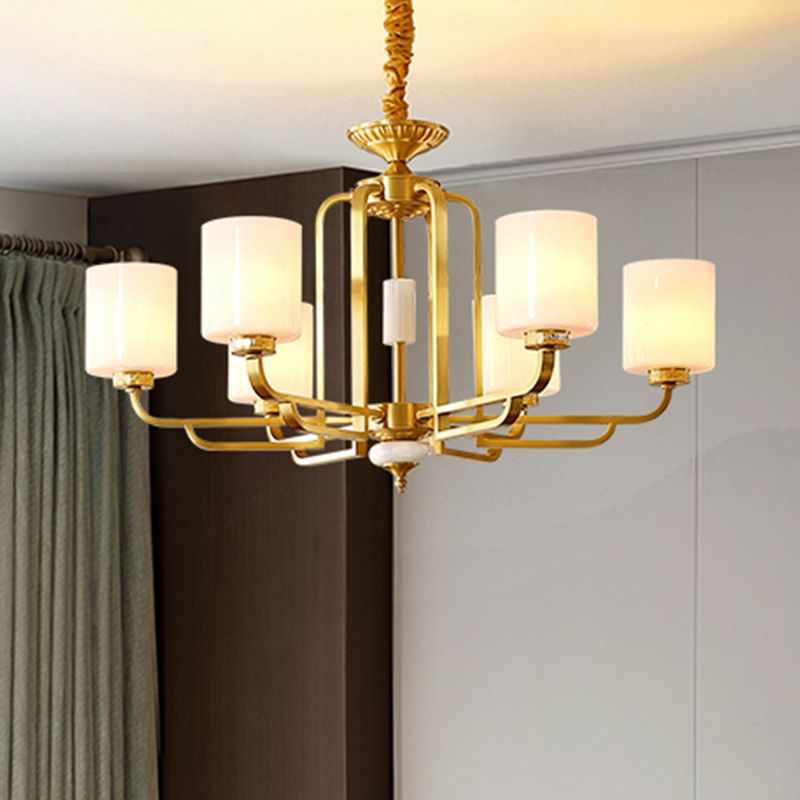 Traditional Cylinder Chandelier Milky Glass Ceiling Hang Light in Brass for Living Room