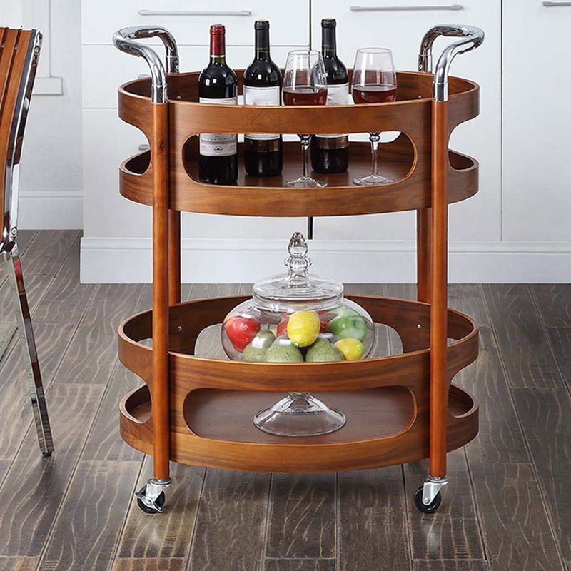Modern Solid Wood Prep Table Rolling Kitchen Trolley with Wine Storage