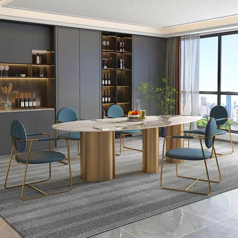 Luxury Sintered Stone Top Dining Table Oval Kitchen Table with 3 Legs in Gold