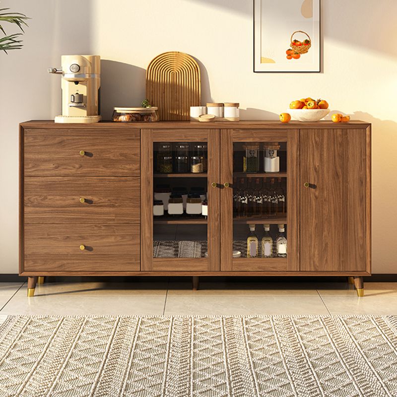 Modern Faux Wood China Cabinet Glass Doors Dining Hutch with Drawers