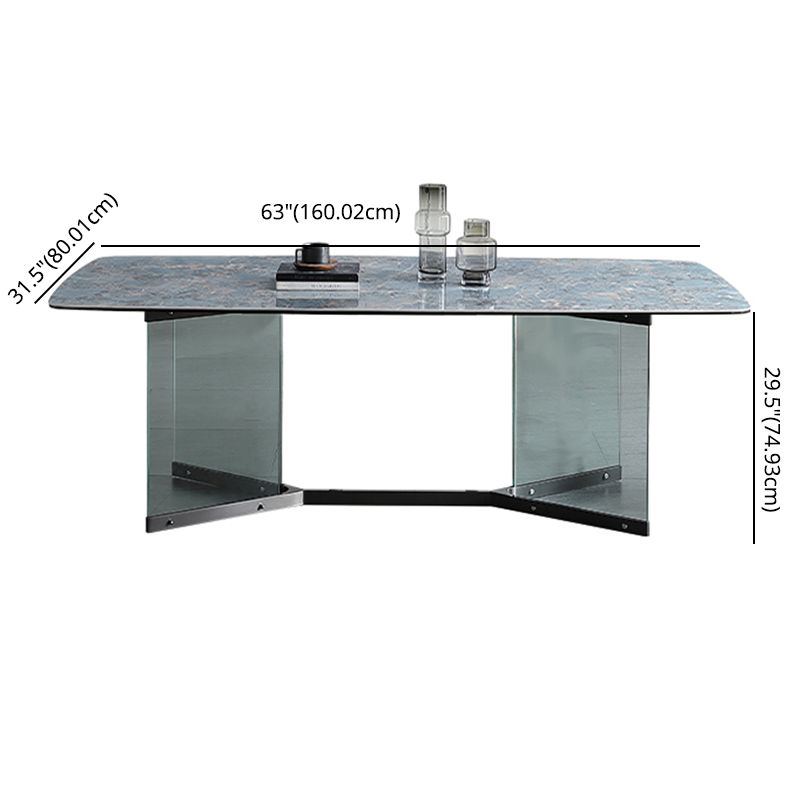Blue Rectangle Sintered Stone Dining Table for 4/6 with Glass Base Dining Set for Restaurant