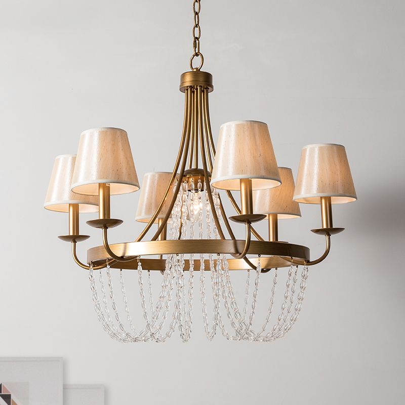 Luz de lámpara colgada de latón de 6 cabezas de metal lámpara colgante de metal con sombra de tela de cono