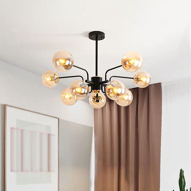 Kugel Wohnzimmer Kronleuchter Bernsteinglas 10 Lampen zeitgenössische Anhänger Deckenleuchte in Schwarz