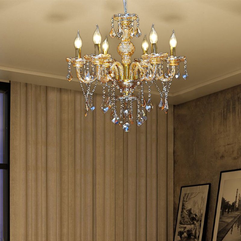 6 têtes Pyramide Pendant le lustre de lustre Mid-Century Crystal suspendu plafond plafond en or
