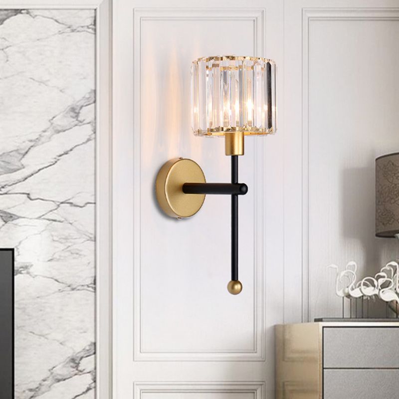 Modern Metal Wall Sconce Cylinder Shape Vanity Lamp with Crystal Shade for Bathroom