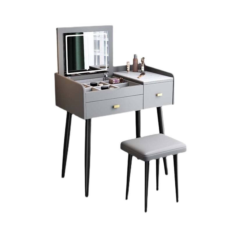 Flip Single Marble Vanity with Padded Stool Lighted Mirror Vanity Desk