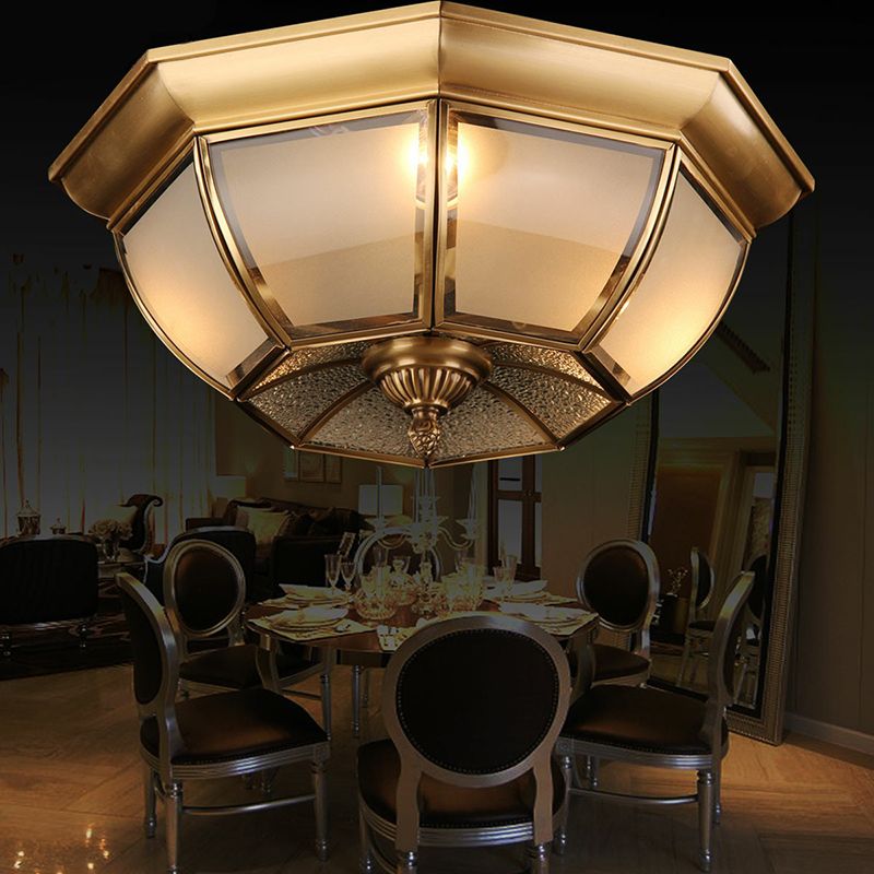 Frosted Glass Brass Flushmount Bowl Shaped Minimalist Ceiling Mounted Light for Dining Room