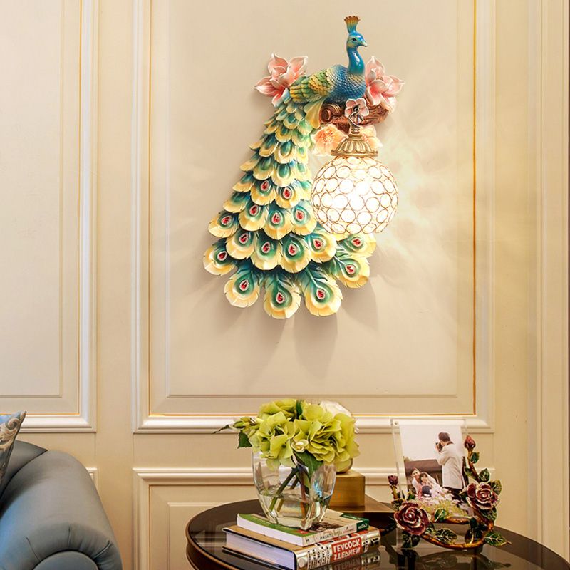 Blue/White Peacock Wall Mounted Light 1 Light Loft Style Resin 1/2-Pack Wall Lamp with Dome Crystal Shade, Double/Right/Left