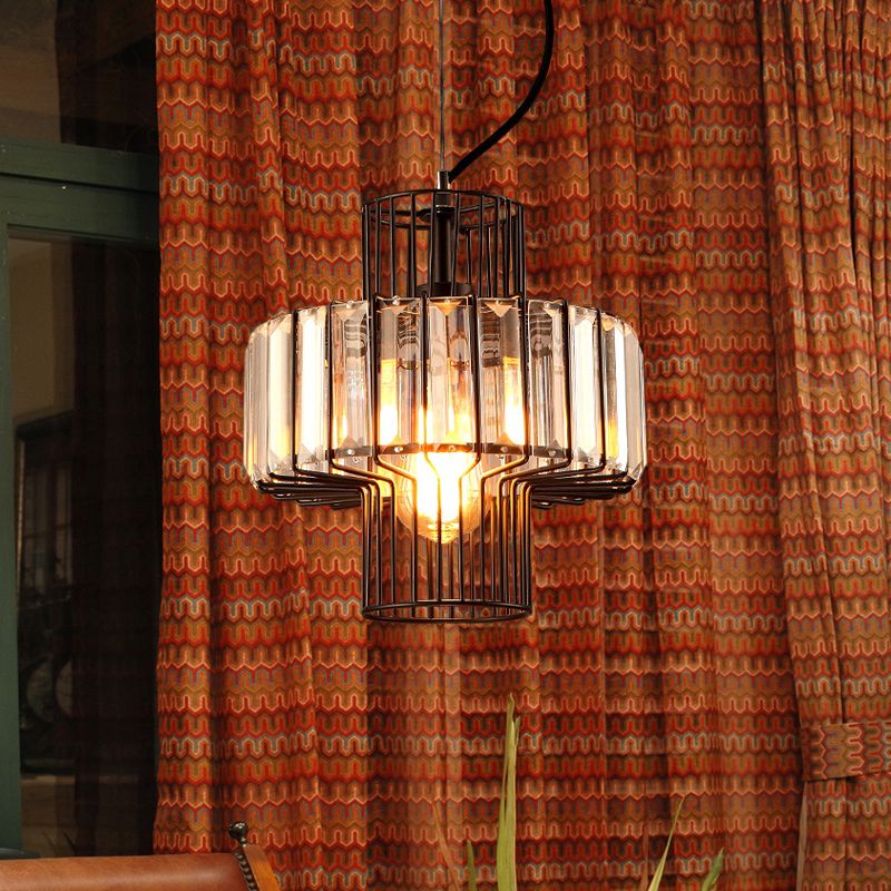 10"/12.5" Wide Minimalist Lantern Crystal Block Suspension Lighting 1 Head Ceiling Pendant in Black with Metal Cage