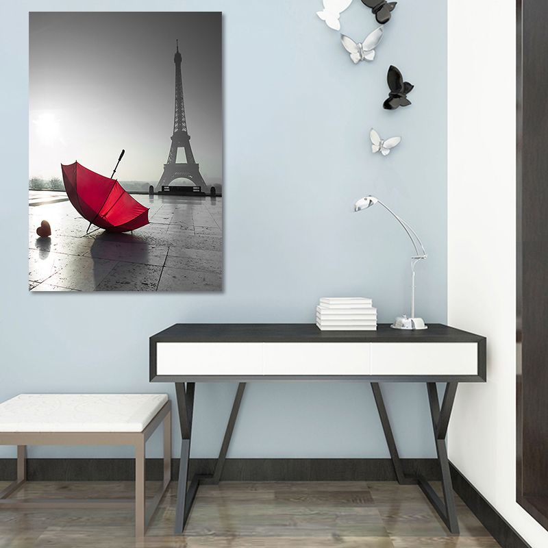 Photographic Print Eiffel Tower Canvas Art Modern Novelty Landmark Wall Decor in Red-Grey