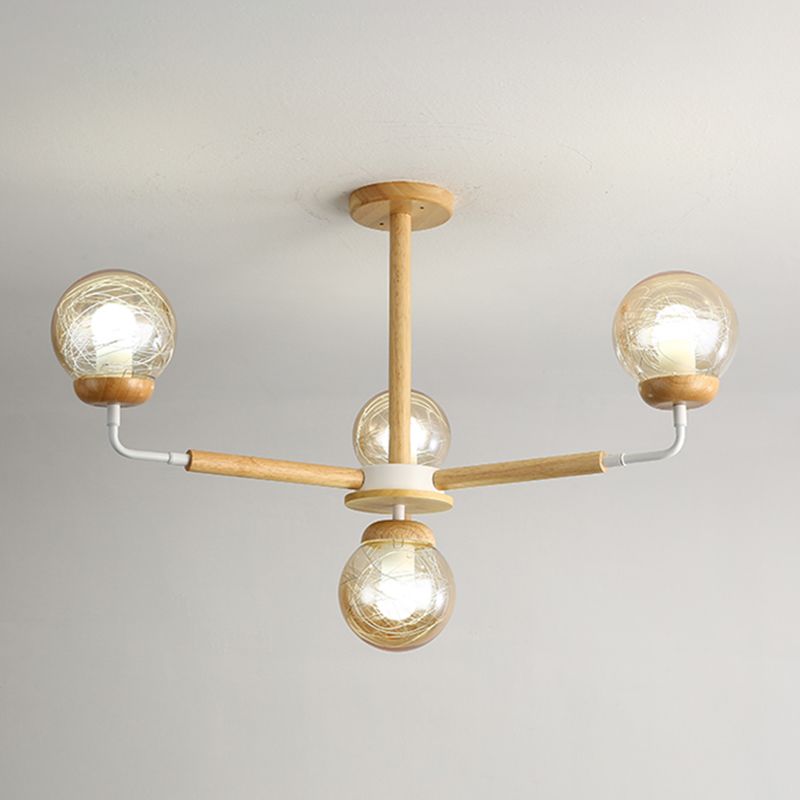 Minimalist Globe Chandelier Wooden 4-Light Bedroom Suspension Light with Glass Shade