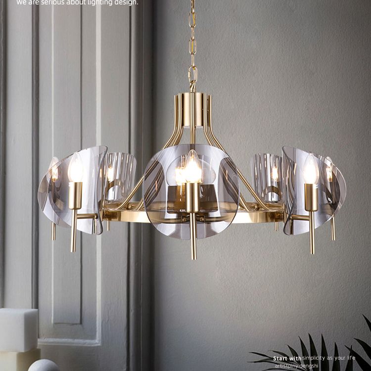 Modern Wagon Wheel Candle Chandelier Light Fixture Clear Glass Shaded Ceiling Chandelier in Gold for Bedroom