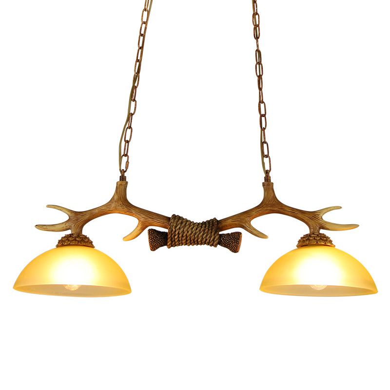 2 Bulbs Pendant Light Retro Dome Beige Glass Hanging Island Light with Decorative Deer Horn