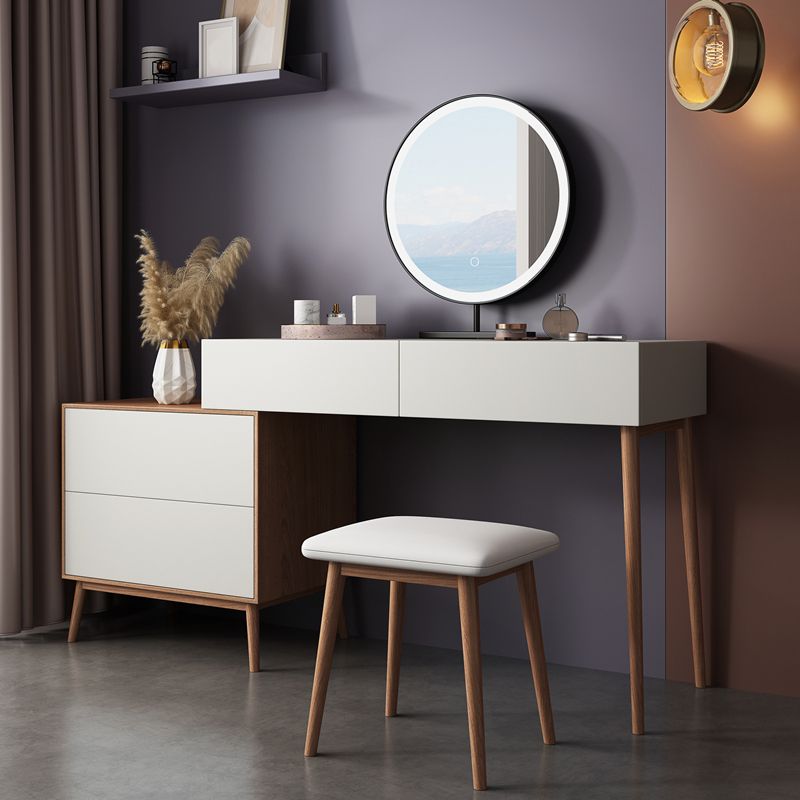 Contemporary Vanity Table and Stool Set With Mirror, Wood Makeup Vanity Set