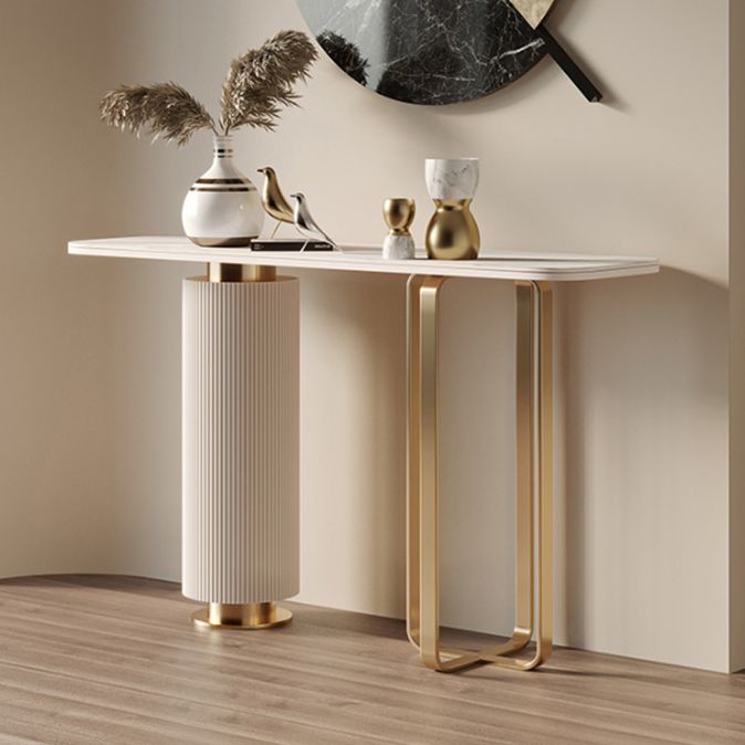 Glam Stone Console Sofa Table Rectangle Metal End Table for Hall