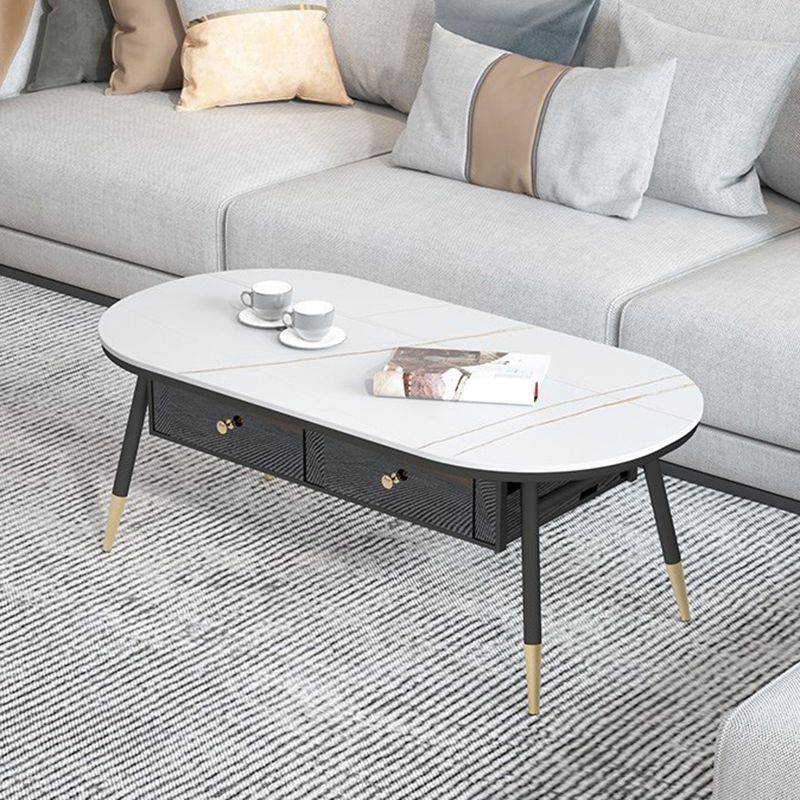 Glam Style with 2 Drawers Black/White Top Gold Metal Footer Coffee Table