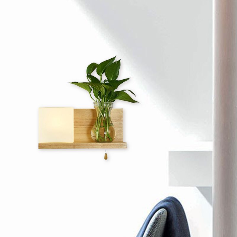 Minimalism Square Wall Light Fixture 1 Head White Glass LED Wall Sconce Lighting in Wood, Left/Right