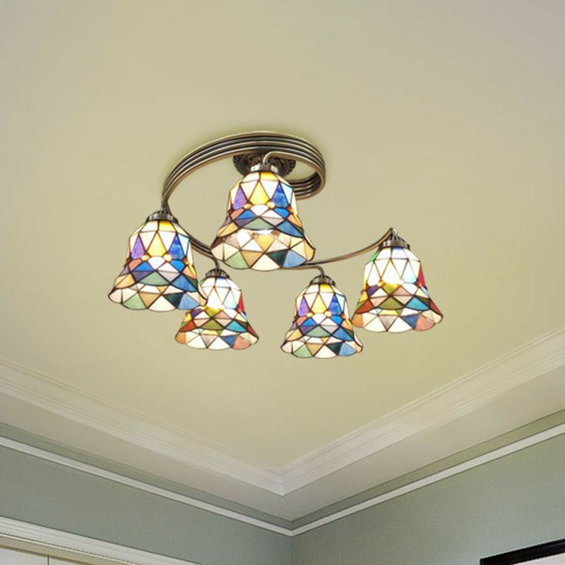 Mediterranean Spiral Ceiling Light Metal Semi Flush Mount Light with Stained Glass Shade