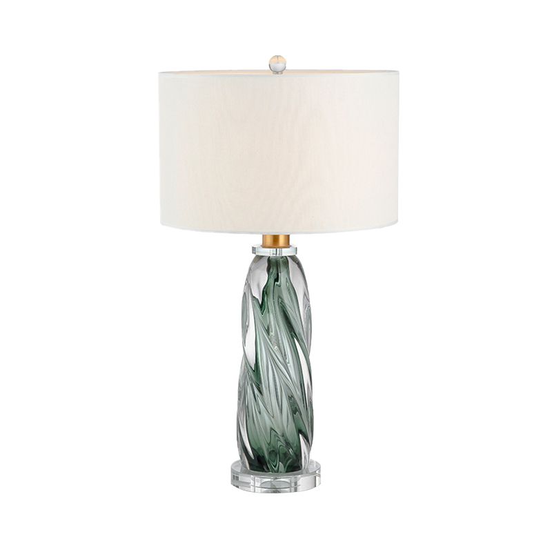 Fabric Cylindrical Task Light Contemporary 1 Head White Nightstand Lamp with Twist Pewter Glazed Crystal Base